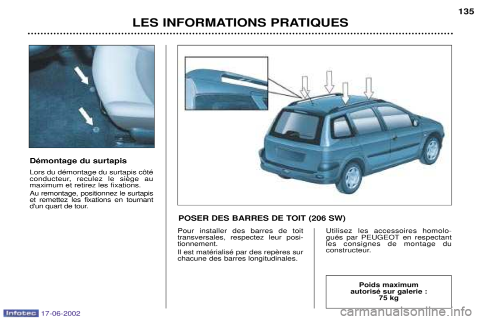 PEUGEOT 206 2002  Manuel du propriétaire (in French) LES INFORMATIONS PRATIQUES135
DŽmontage du surtapis Lors du dŽmontage du surtapis c™tŽ 
maximum et retirez les fixations. Au remontage, positionnez le surtapis et remettez les fixations en tourna