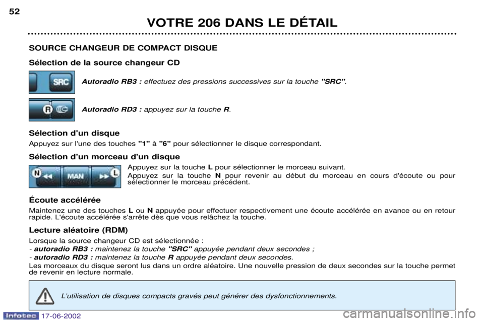 PEUGEOT 206 2002  Manuel du propriétaire (in French) SOURCE CHANGEUR DE COMPACT DISQUE SŽlection de la source changeur CDAutoradio RB3 :  effectuez des pressions successives sur la touche  "SRC".
Autoradio RD3 :  appuyez sur la touche  R.
SŽlection d