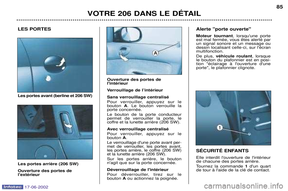 PEUGEOT 206 2002  Manuel du propriétaire (in French) VOTRE 206 DANS LE DƒTAIL85
LES PORTES Les portes avant (berline et 206 SW)  Ouverture des portes de lextŽrieur SƒCURITƒ ENFANTS Elle interdit louverture de lintŽrieur  
Tournez la commande 
1d