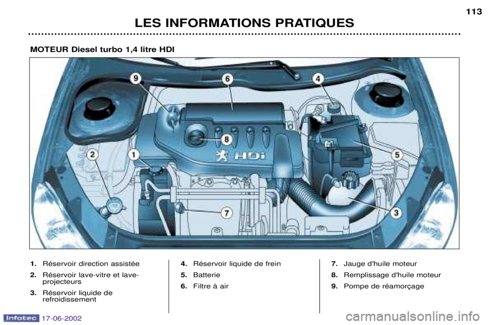 PEUGEOT 206 2002  Manuel du propriétaire (in French) LES INFORMATIONS PRATIQUES113
1.
RŽservoir direction assistŽe
2. RŽservoir lave-vitre et lave- projecteurs
3. RŽservoir liquide derefroidissement 4.
RŽservoir liquide de frein
5. Batterie
6. Filt