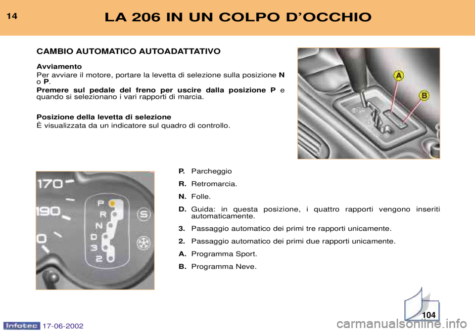 PEUGEOT 206 2002  Manuale duso (in Italian) 104
LA 206 IN UN COLPO DÕOCCHIO14P.Parcheggio
R. Retromarcia.
N. Folle.
D. Guida: in questa posizione, i quattro rapporti vengono inseriti  automaticamente.
3. Passaggio automatico dei primi tre rapp