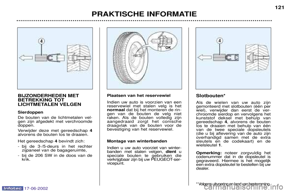 PEUGEOT 206 2002  Instructieboekje (in Dutch) 17-06-2002
PRAKTISCHE INFORMATIE121
BIJZONDERHEDEN MET 
BETREKKING TOT 
LICHTMETALEN VELGEN Sierdoppen De bouten van de lichtmetalen vel- gen zijn afgedekt met verchroomdedoppen. 
Verwijder deze met g