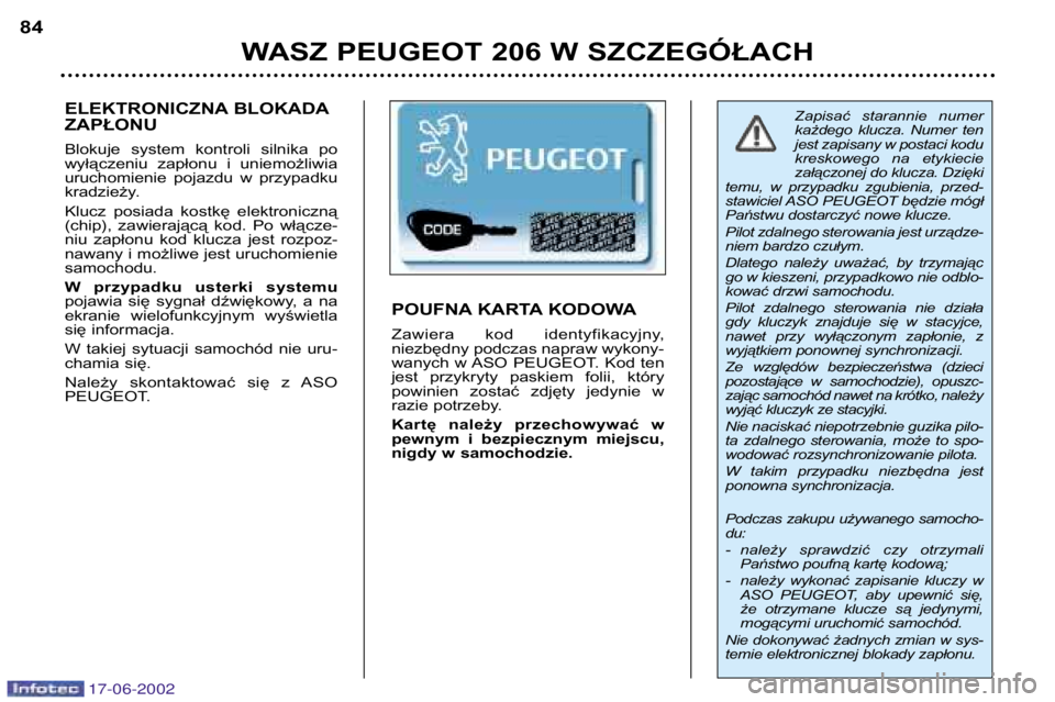 PEUGEOT 206 2002 Instrukcja obsługi (in Polish) 17-06-2002
WASZ PEUGEOT 206 W SZCZEGÓŁACH
84
Zapisać starannie numer
każdego klucza. Numer ten
jest zapisany w postaci kodu
kreskowego na etykiecie
załączonej do klucza. Dzięki
temu, w PEUGEOT 206 2002 Instrukcja obsługi (in Polish) 17-06-2002
WASZ PEUGEOT 206 W SZCZEGÓŁACH
84
Zapisać starannie numer
każdego klucza. Numer ten
jest zapisany w postaci kodu
kreskowego na etykiecie
załączonej do klucza. Dzięki
temu, w