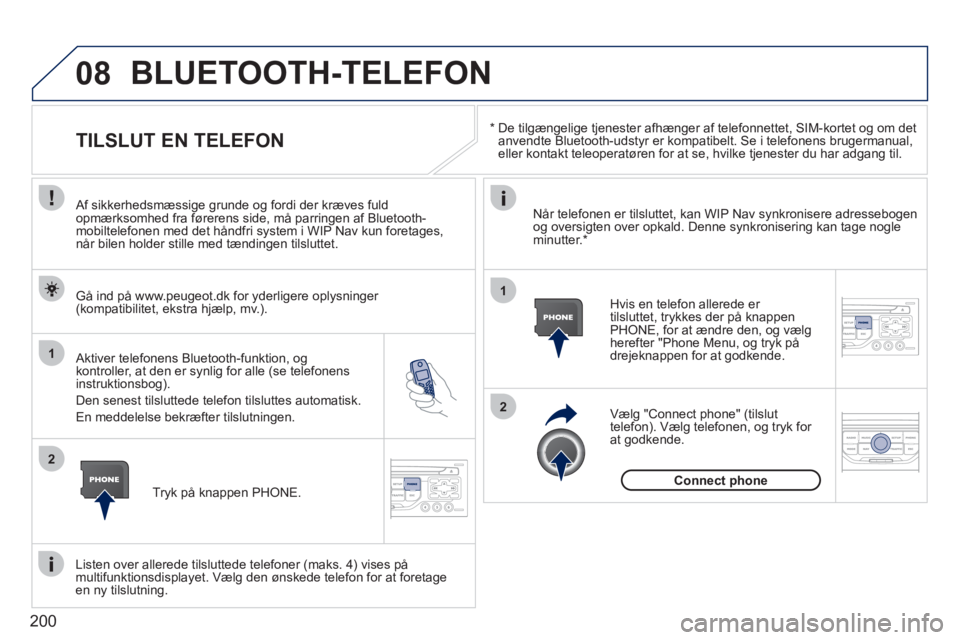 PEUGEOT 207 2011  Brugsanvisning (in Danish) 200
08
1
2
2
1
   * 
 
  De tilgængelige tjenester afhænger af telefonnettet, SIM-kortet og om det 
anvendte Bluetooth-udstyr er kompatibelt. Se i telefonens brugermanual,eller kontakt teleoperatør