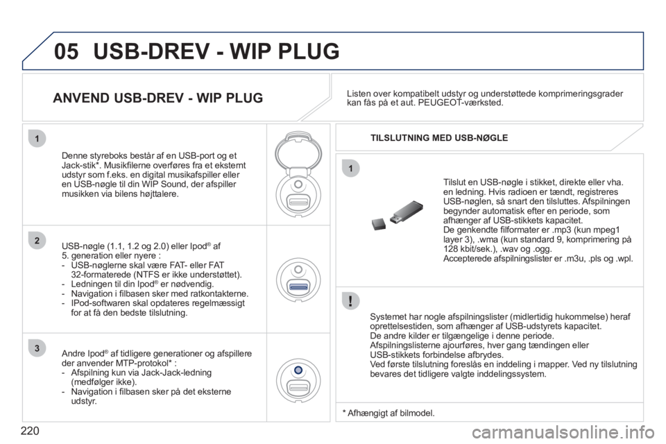 PEUGEOT 207 2011  Brugsanvisning (in Danish) 220
05
1
1
2
3
  USB-DREV - WIP PLUG
 
 Systemet har nogle afspilningslister (midlertidig hukommelse) heraf oprettelsestiden, som afhænger af USB-udstyrets kapacitet. 
  De andre kilder er tilgængel