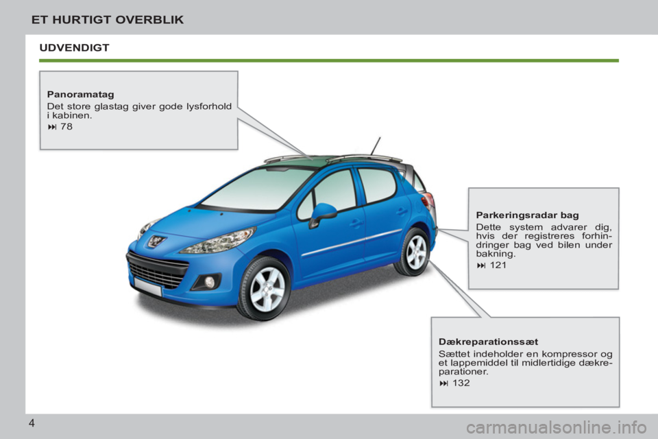 PEUGEOT 207 2011  Brugsanvisning (in Danish) 4
ET HURTIGT OVERBLIK
  UDVENDIGT  
 
 
Panoramatag 
  Det store glastag giver gode lysforhold 
i kabinen. 
   
 
� 
 78  
 
   
Dækreparationssæt 
  Sættet indeholder en kompressor og 
et lappemi