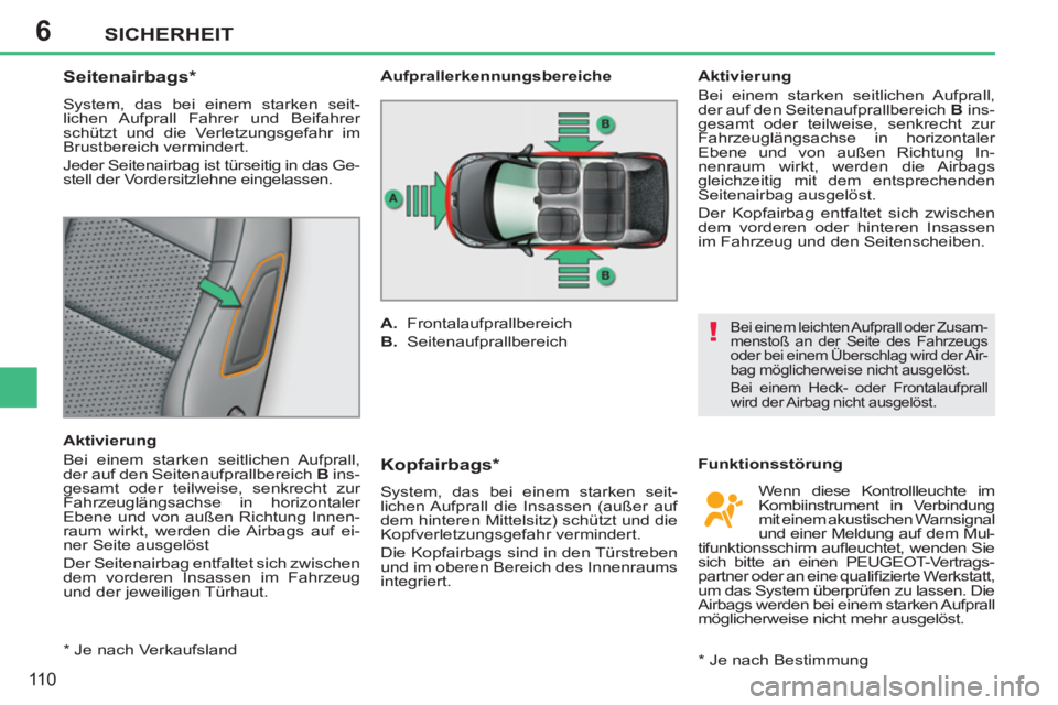 PEUGEOT 207 2011  Betriebsanleitungen (in German) 6
!
SICHERHEIT
110
   
 
 
 
 
 
 
Seitenairbags *  
 
System, das bei einem starken seit-
lichen Aufprall Fahrer und Beifahrer 
schützt und die Verletzungsgefahr im 
Brustbereich vermindert. 
  Jede
