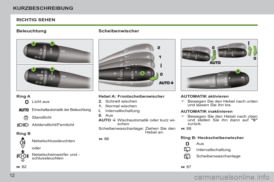 PEUGEOT 207 2011  Betriebsanleitungen (in German) 12
KURZBESCHREIBUNG
  RICHTIG SEHEN 
   
Beleuchtung 
 
 
Ring A  
 
AUTOMATIK aktivieren 
   
 
�) 
  Bewegen Sie den Hebel nach unten 
und lassen Sie ihn los.  
 
   
Ring B    
Hebel A: Frontscheib