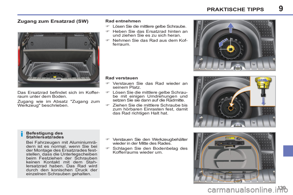 PEUGEOT 207 2011  Betriebsanleitungen (in German) 9
i
PRAKTISCHE TIPPS
139
   
Zugang zum Ersatzrad (SW) 
 
Das Ersatzrad beﬁ ndet sich im Koffer-
raum unter dem Boden. 
  Zugang wie im Absatz "Zugang zum 
Werkzeug" beschrieben. 
   
Befestigung de