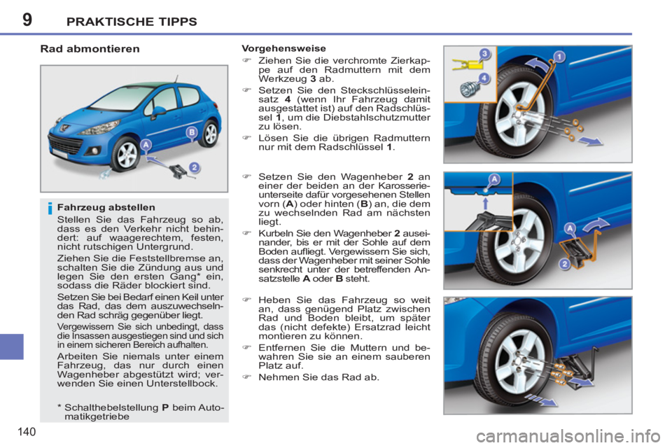 PEUGEOT 207 2011  Betriebsanleitungen (in German) 9
i
PRAKTISCHE TIPPS
140
   
Fahrzeug abstellen 
  Stellen Sie das Fahrzeug so ab, 
dass es den Verkehr nicht behin-
dert: auf waagerechtem, festen, 
nicht rutschigen Untergrund. 
  Ziehen Sie die Fes