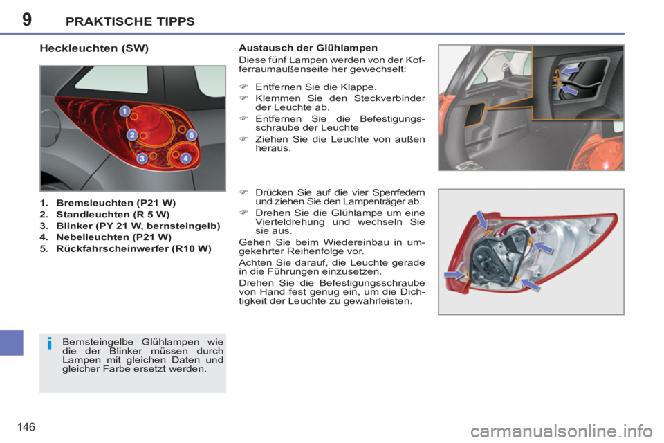 PEUGEOT 207 2011  Betriebsanleitungen (in German) 9
i
PRAKTISCHE TIPPS
146
   
 
 
 
 
 
 
 
 
 
 
 
 
 
 
 
 
 
 
 
 
 
 
 
 
 
 
 
 
Heckleuchten (SW) 
 
 
 
1. 
  Bremsleuchten (P21 W) 
 
   
2. 
  Standleuchten (R 5 W) 
 
   
3. 
  Blinker (PY 21