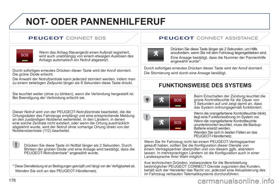 PEUGEOT 207 2011 Betriebsanleitungen (in German) 178
NOT- ODER PANNENHILFERUF
Wenn das Airbag-Steuergerät einen Aufprall registriert,
wird auch unabhängig von einem etwaigen Auslösen des
Airbags automatisch ein Notruf abg PEUGEOT 207 2011 Betriebsanleitungen (in German) 178
NOT- ODER PANNENHILFERUF
Wenn das Airbag-Steuergerät einen Aufprall registriert,
wird auch unabhängig von einem etwaigen Auslösen des
Airbags automatisch ein Notruf abg