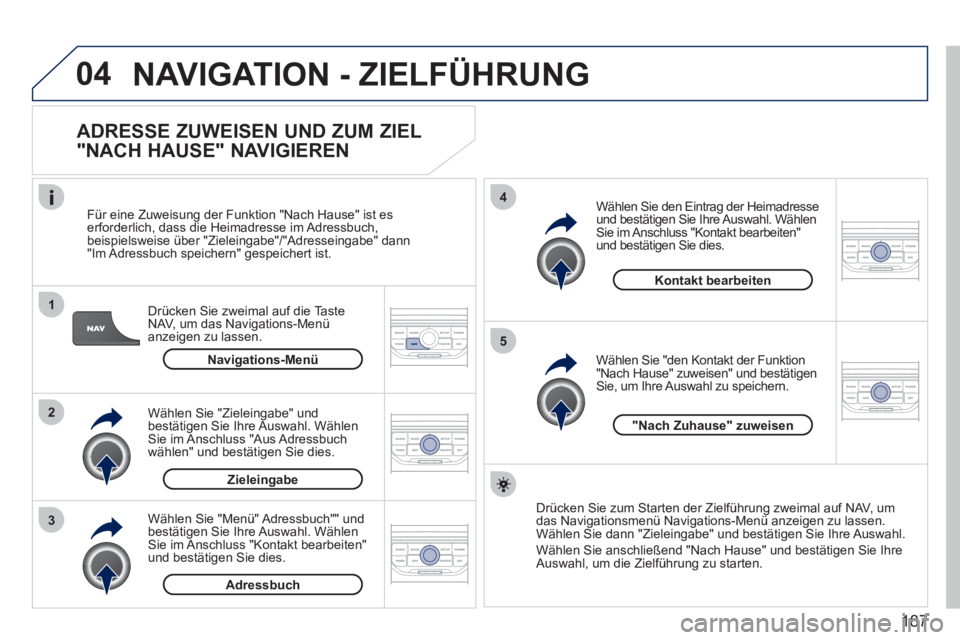 PEUGEOT 207 2011 Betriebsanleitungen (in German) 187
04
1
2
3
5
4
NAVIGATION - ZIELFÜHRUNG
ADRESSE ZUWEISEN UND ZUM ZIEL
"NACH HAUSE" NAVIGIEREN
Drücken Sie zweimal auf die Taste
NAV, um das Navigations-Menü anzeigen zu lassen.
F
ür PEUGEOT 207 2011 Betriebsanleitungen (in German) 187
04
1
2
3
5
4
NAVIGATION - ZIELFÜHRUNG
ADRESSE ZUWEISEN UND ZUM ZIEL
"NACH HAUSE" NAVIGIEREN
Drücken Sie zweimal auf die Taste
NAV, um das Navigations-Menü anzeigen zu lassen.
F
ür