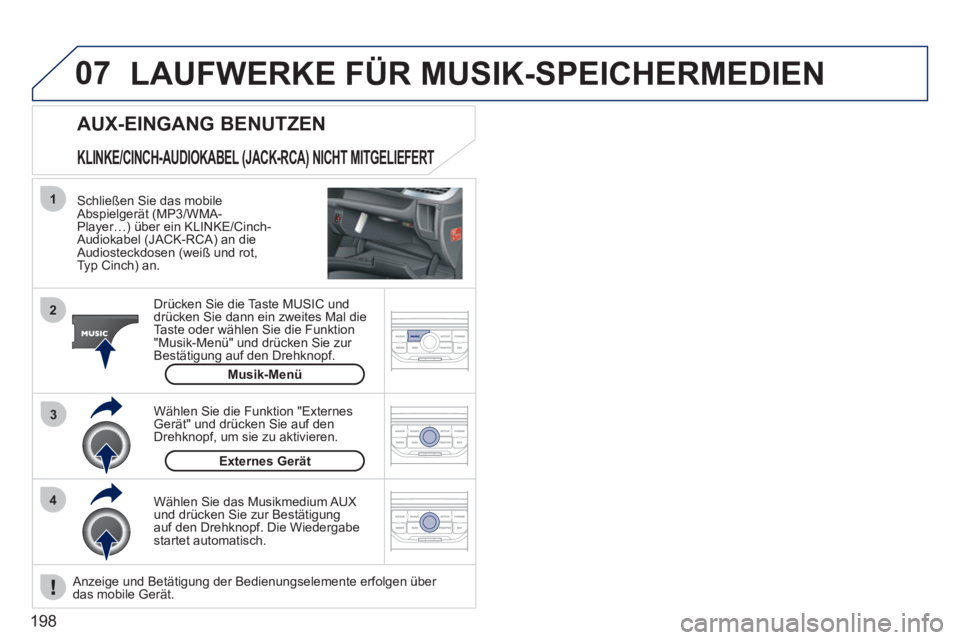PEUGEOT 207 2011  Betriebsanleitungen (in German) 198
07
43 1
2
  LAUFWERKE FÜR MUSIK-SPEICHERMEDIEN 
 
 Schließen Sie das mobileAbspielgerät (MP3/WMA-Player…) über ein KLINKE/Cinch-Audiokabel (JACK-RCA) an dieAudiosteckdosen (weiß und rot,
Ty