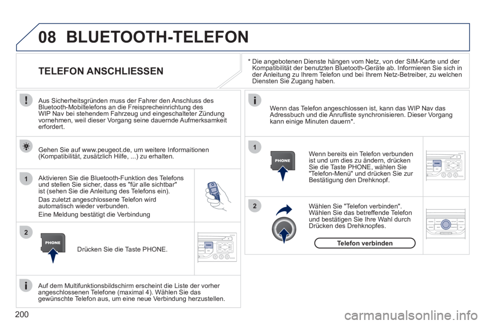 PEUGEOT 207 2011 Betriebsanleitungen (in German) 200
08
1
2
2
1
*
Die angebotenen Dienste hängen vom Netz, von der SIM-Karte und der
Kompatibilität der benutzten Bluetooth-Geräte ab. Informieren Sie sich in
der Anleitung zu Ihrem Telefon PEUGEOT 207 2011 Betriebsanleitungen (in German) 200
08
1
2
2
1
*
Die angebotenen Dienste hängen vom Netz, von der SIM-Karte und der
Kompatibilität der benutzten Bluetooth-Geräte ab. Informieren Sie sich in
der Anleitung zu Ihrem Telefon