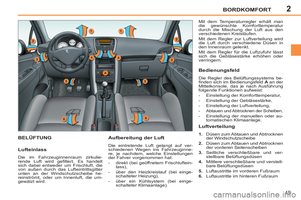 PEUGEOT 207 2011  Betriebsanleitungen (in German) 2BORDKOMFORT
45
BELÜFTUNG   
Aufbereitung der Luft 
 
Die eintretende Luft gelangt auf ver-
schiedenen Wegen ins Fahrzeuginne-
re, je nachdem, welche Einstellungen 
der Fahrer vorgenommen hat: 
   
 