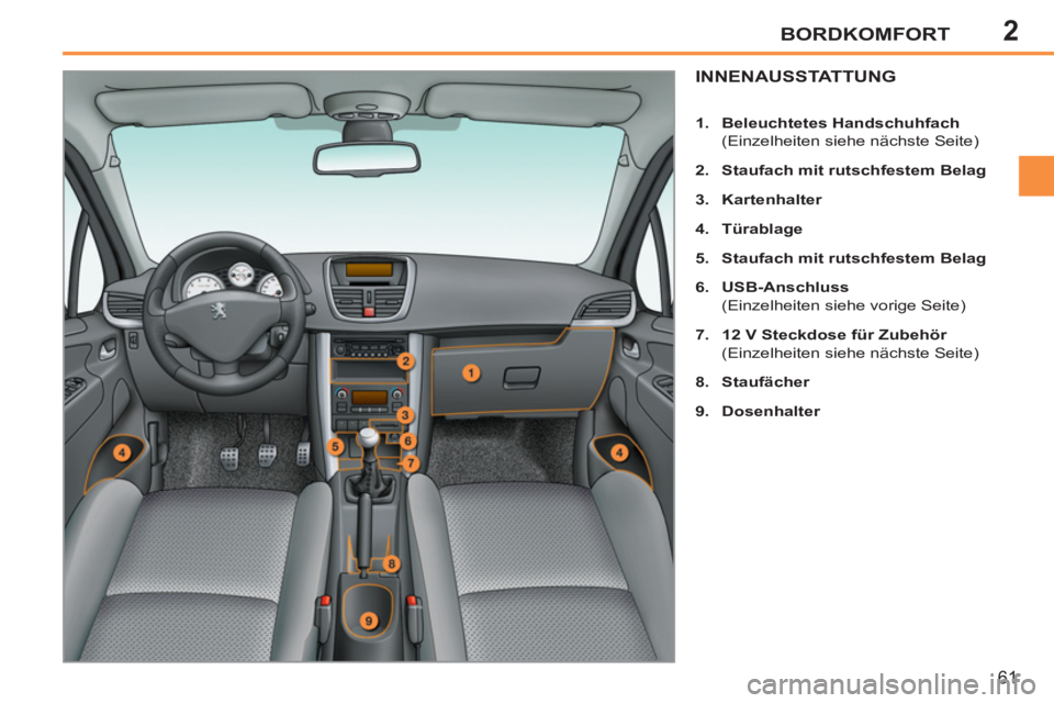 PEUGEOT 207 2011  Betriebsanleitungen (in German) 2BORDKOMFORT
61
INNENAUSSTATTUNG 
   
 
1. 
  Beleuchtetes Handschuhfach 
 
 
  (Einzelheiten siehe nächste Seite) 
   
2. 
  Staufach mit rutschfestem Belag 
 
   
3. 
  Kartenhalter 
 
   
4. 
  T