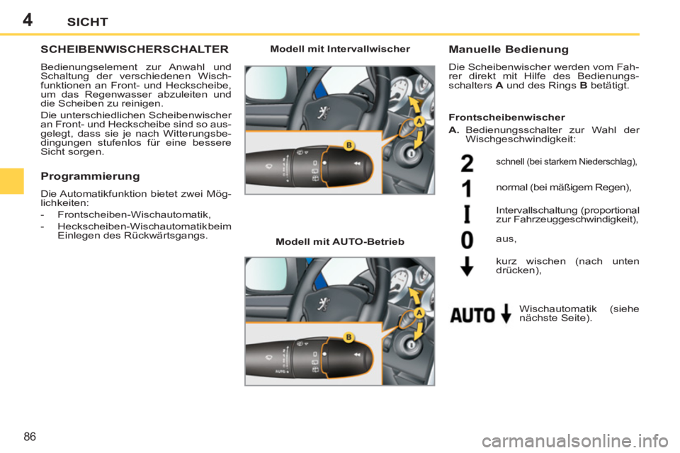 PEUGEOT 207 2011 Betriebsanleitungen (in German) 4
86
SICHT
SCHEIBENWISCHERSCHALTER
Bedienungselement zur Anwahl und
Schaltung der verschiedenen Wisch-
funktionen an Front- und Heckscheibe,
um das Regenwasser abzuleiten und
die Scheiben zu rei PEUGEOT 207 2011 Betriebsanleitungen (in German) 4
86
SICHT
SCHEIBENWISCHERSCHALTER
Bedienungselement zur Anwahl und
Schaltung der verschiedenen Wisch-
funktionen an Front- und Heckscheibe,
um das Regenwasser abzuleiten und
die Scheiben zu rei