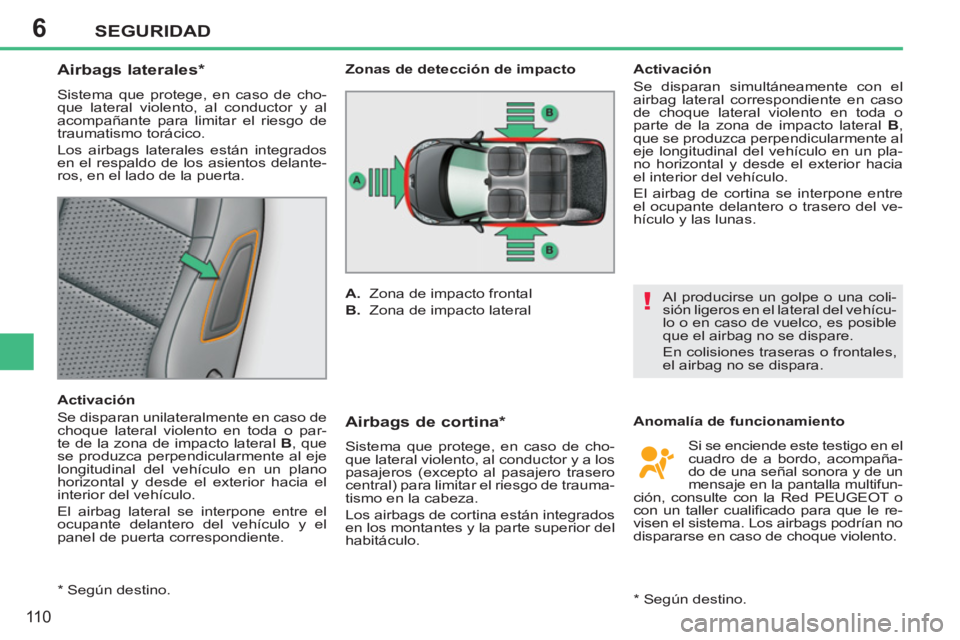 PEUGEOT 207 2011  Manual del propietario (in Spanish) 6
!
SEGURIDAD
110
   
 
 
 
 
 
 
 
 
Airbags laterales *  
 
Sistema que protege, en caso de cho-
que lateral violento, al conductor y al 
acompañante para limitar el riesgo de 
traumatismo torácic