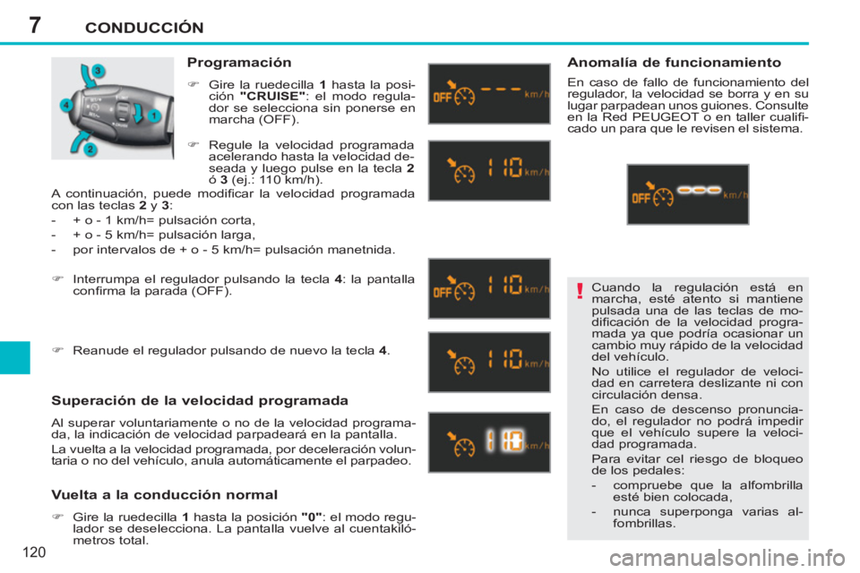 PEUGEOT 207 2011 Manual del propietario (in Spanish) 7
!
CONDUCCIÓN
120
Cuando la regulación está en
marcha, esté atento si mantiene
pulsada una de las teclas de mo-
difi cación de la velocidad progra-
mada ya que podría ocasionar un
cambio PEUGEOT 207 2011 Manual del propietario (in Spanish) 7
!
CONDUCCIÓN
120
Cuando la regulación está en
marcha, esté atento si mantiene
pulsada una de las teclas de mo-
difi cación de la velocidad progra-
mada ya que podría ocasionar un
cambio