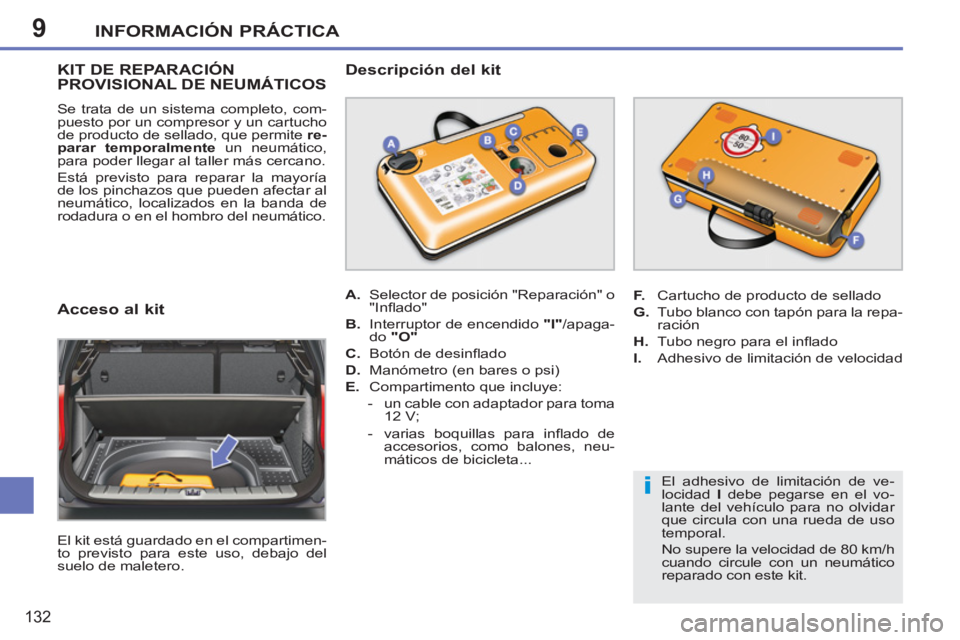 PEUGEOT 207 2011 Manual del propietario (in Spanish) 9
i
INFORMACIÓN PRÁCTICA
132
KIT DE REPARACIÓN PROVISIONAL DE NEUMÁTICOS
Se trata de un sistema completo, com-
puesto por un compresor y un cartucho
de producto de sellado, que permite re-
pa PEUGEOT 207 2011 Manual del propietario (in Spanish) 9
i
INFORMACIÓN PRÁCTICA
132
KIT DE REPARACIÓN PROVISIONAL DE NEUMÁTICOS
Se trata de un sistema completo, com-
puesto por un compresor y un cartucho
de producto de sellado, que permite re-
pa