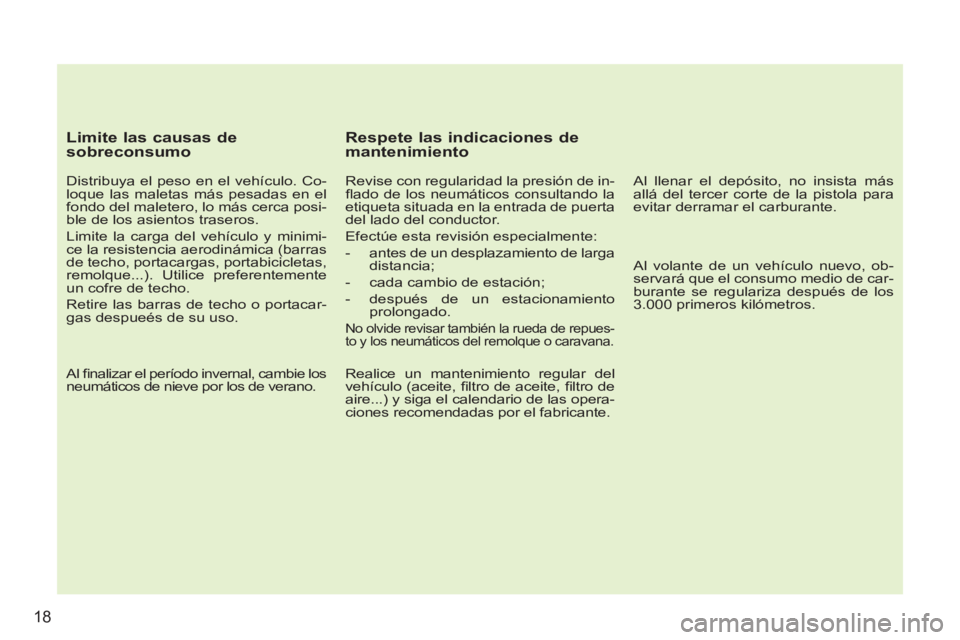 PEUGEOT 207 2011 Manual del propietario (in Spanish) 18
Limite las causas de
sobreconsumo
Distribuya el peso en el vehículo. Co-
loque las maletas más pesadas en el
fondo del maletero, lo más cerca posi-
ble de los asientos traseros.
Li PEUGEOT 207 2011 Manual del propietario (in Spanish) 18
Limite las causas de
sobreconsumo
Distribuya el peso en el vehículo. Co-
loque las maletas más pesadas en el
fondo del maletero, lo más cerca posi-
ble de los asientos traseros.
Li