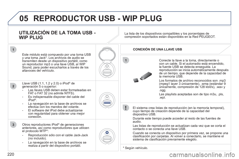 PEUGEOT 207 2011 Manual del propietario (in Spanish) 220
05
1
1
2
3
REPRODUCTOR USB - WIP PLUG
El sistema crea listas de reproducción (en la memoria temporal),cuyo tiempo de creación depende de la capacidad del
dispositivo USB.
Durante este ti PEUGEOT 207 2011 Manual del propietario (in Spanish) 220
05
1
1
2
3
REPRODUCTOR USB - WIP PLUG
El sistema crea listas de reproducción (en la memoria temporal),cuyo tiempo de creación depende de la capacidad del
dispositivo USB.
Durante este ti