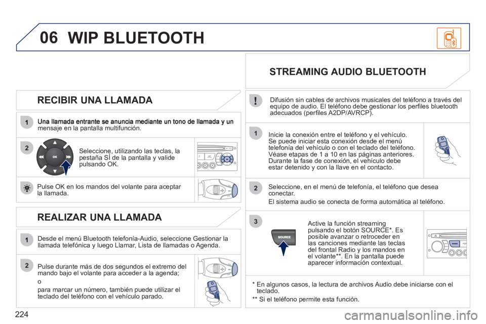 PEUGEOT 207 2011 Manual del propietario (in Spanish) 224
06
2
1
2
2
3
RECIBIR UNA LLAMADA
mensaje en la pantalla multifunción.
Inicie la conexión entre el teléfono y el vehículo.Se puede iniciar esta conexión desde el menú
telefonía del veh PEUGEOT 207 2011 Manual del propietario (in Spanish) 224
06
2
1
2
2
3
RECIBIR UNA LLAMADA
mensaje en la pantalla multifunción.
Inicie la conexión entre el teléfono y el vehículo.Se puede iniciar esta conexión desde el menú
telefonía del veh