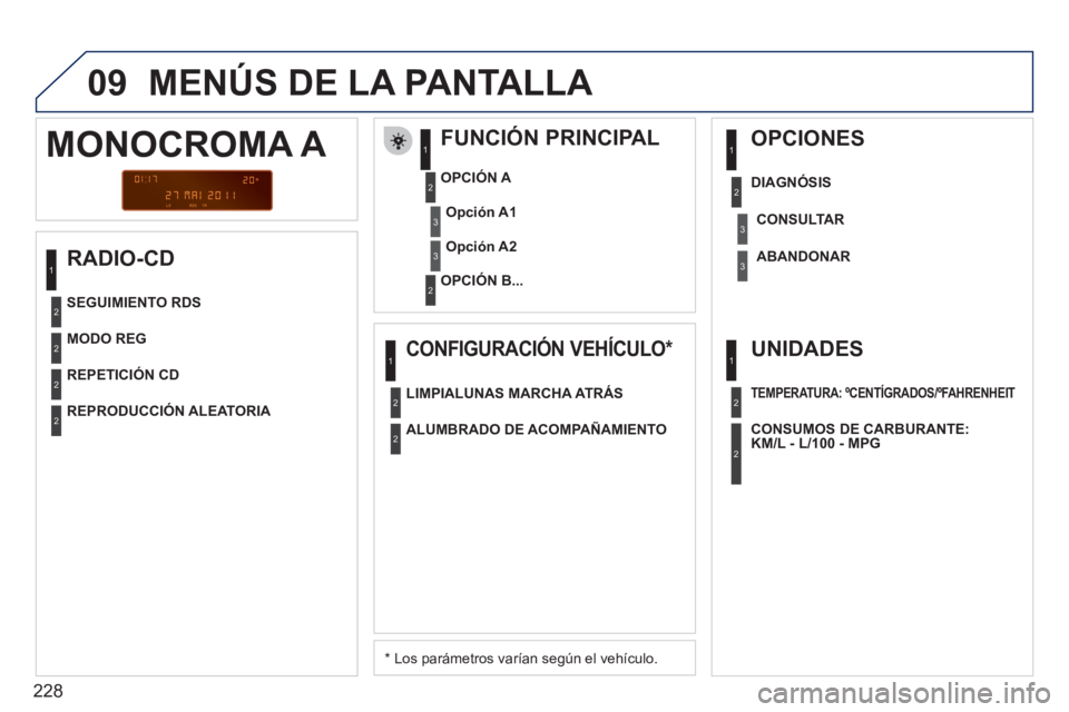 PEUGEOT 207 2011  Manual del propietario (in Spanish) 228
09  MENÚS DE LA PANTALLA 
 
 
RADIO-CD    
FUNCIÓN PRINCIPAL 
 
 
*   
Los parámetros varían según el vehículo.      
OPCIÓN 
A 
   
OPCIÓN B...  
 
MONOCROMA A 
Opción A1
Opción A2
MODO