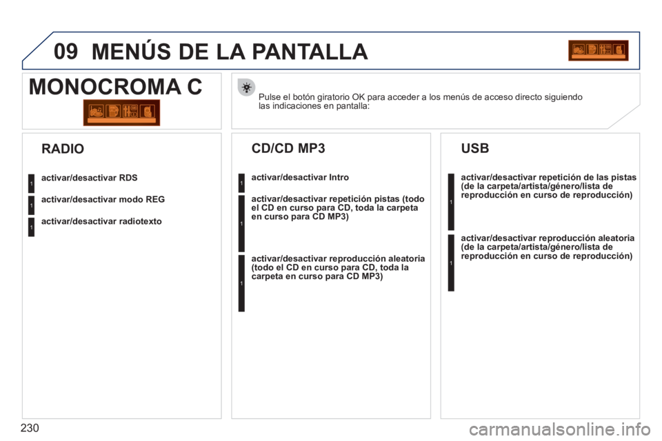 PEUGEOT 207 2011  Manual del propietario (in Spanish) 230
09MENÚS DE LA PANTALLA 
Pulse el botón giratorio OK para acceder a los menús de acceso directo siguiendolas indicaciones en pantalla:
MONOCROMA C 
activar/desactivar RDS
activar/desactivar modo