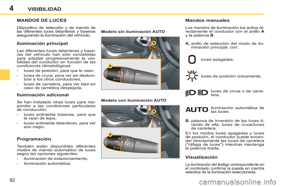 PEUGEOT 207 2011 Manual del propietario (in Spanish) 4
82
VISIBILIDAD
MANDOS DE LUCES
Dispositivo de selección y de mando de
las diferentes luces delanteras y traseras
asegurando la iluminación del vehículo.
Mandos manuales
Los mandos de PEUGEOT 207 2011 Manual del propietario (in Spanish) 4
82
VISIBILIDAD
MANDOS DE LUCES
Dispositivo de selección y de mando de
las diferentes luces delanteras y traseras
asegurando la iluminación del vehículo.
Mandos manuales
Los mandos de