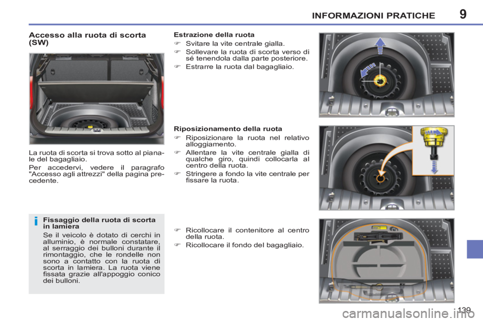 PEUGEOT 207 2011  Manuale duso (in Italian) 9
i
INFORMAZIONI PRATICHE
139
   
Accesso alla ruota di scorta 
(SW) 
  La ruota di scorta si trova sotto al piana-
le del bagagliaio. 
  Per accedervi, vedere il paragrafo 
"Accesso agli attrezzi" de