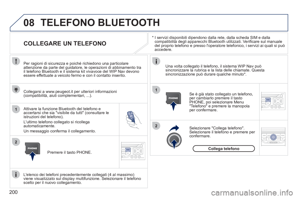 PEUGEOT 207 2011  Manuale duso (in Italian) 200
08
1
2
2
1
   *   
 
I servizi disponibili dipendono dalla rete, dalla scheda SIM e dallacompatibilità degli apparecchi Bluetooth utilizzati. Veriﬁ care sul manuale 
del proprio telefono e pres