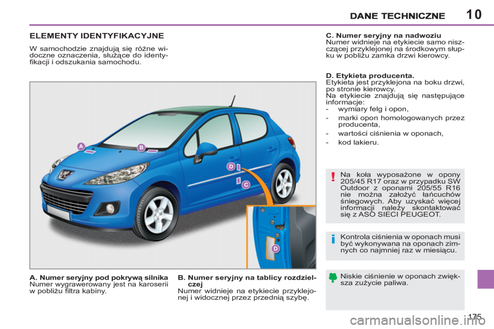 PEUGEOT 207 2011 Instrukcja obsługi (in Polish) 10
!
i
175
ELEMENTY IDENTYFIKACYJNE
W samochodzie znajdują się różne wi-
doczne oznaczenia, służące do identy-
fi kacji i odszukania samochodu.
Na koła wyposażone w opony
205/45 R17 o PEUGEOT 207 2011 Instrukcja obsługi (in Polish) 10
!
i
175
ELEMENTY IDENTYFIKACYJNE
W samochodzie znajdują się różne wi-
doczne oznaczenia, służące do identy-
fi kacji i odszukania samochodu.
Na koła wyposażone w opony
205/45 R17 o