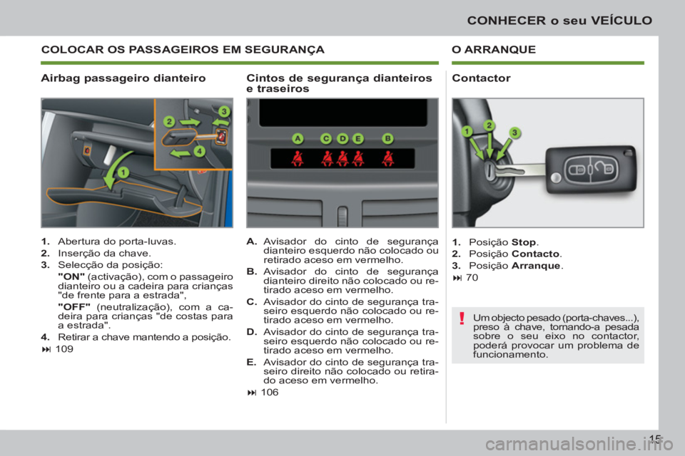 PEUGEOT 207 2011 Manual de utilização (in Portuguese) !
15
CONHECER o seu VEÍCULO
Airbag passageiro dianteiro O ARRANQUE
1.
Abertura do porta-luvas.
2.
Inserção da chave.
3.
Selecção da posição:
"ON"
(activação PEUGEOT 207 2011 Manual de utilização (in Portuguese) !
15
CONHECER o seu VEÍCULO
Airbag passageiro dianteiro O ARRANQUE
1.
Abertura do porta-luvas.
2.
Inserção da chave.
3.
Selecção da posição:
"ON"
(activação