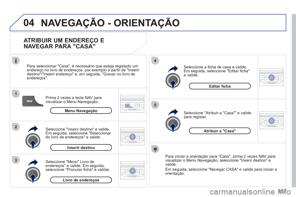 PEUGEOT 207 2011  Manual de utilização (in Portuguese) 187
04
1
2
3
5
4
NAVEGAÇÃO - ORIENTAÇÃO
   
ATRIBUIR UM ENDEREÇO E 
NAVEGAR PARA "CASA" 
Prima 2 vezes a tecla NAV para 
visualizar o Menu Navegação.    
Para seleccionar "
Casa", é necessári