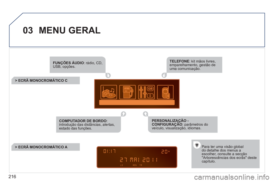 PEUGEOT 207 2011  Manual de utilização (in Portuguese) 216
03  MENU GERAL
FUNÇÕES ÁUDIO: rádio, CD, USB, opções.  
 
 
 
 
 
 
 
 
 
> ECRÃ MONOCROMÁTICO C  
Para ter uma visão globaldo detalhe dos menus aescolher, consulte a secção"Arborescên