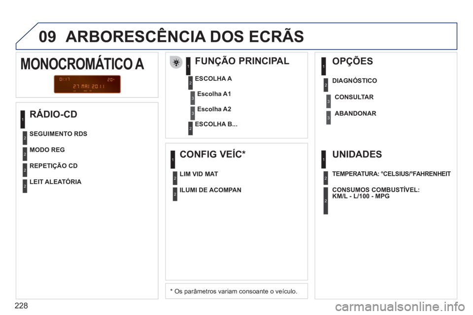 PEUGEOT 207 2011  Manual de utilização (in Portuguese) 228
09  ARBORESCÊNCIA DOS ECRÃS 
 
 
RÁDIO-CD    
FUNÇÃO PRINCIPAL 
 
 
*   Os parâmetros variam consoante o veículo.   
ESCOLHA 
A 
   
ESCOLHA B...
MONOCROMÁTICO A 
Escolha A1
Escolha A2
MOD