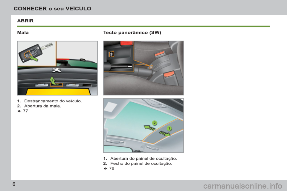 PEUGEOT 207 2011  Manual de utilização (in Portuguese) 6
CONHECER o seu VEÍCULO
ABRIR
   
Mala 
 
 
 
1. 
  Destrancamento do veículo. 
   
2. 
  Abertura da mala.  
   
 
� 
 77  
 
 
 
Tecto panorâmico (SW) 
 
 
 
1. 
  Abertura do painel de oculta