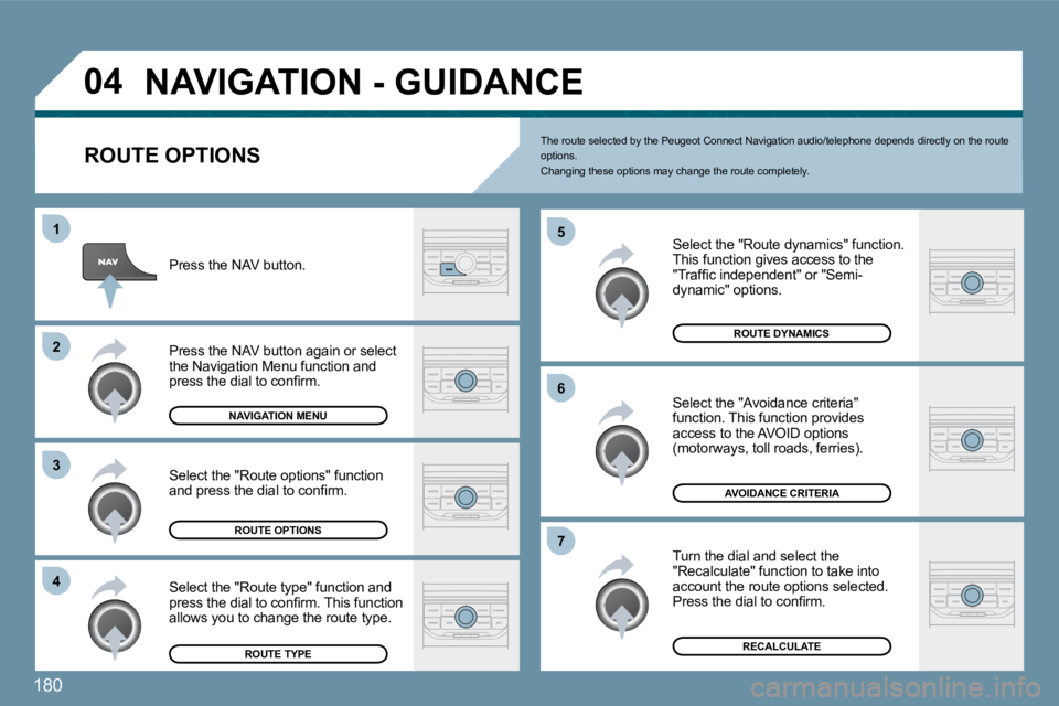 PEUGEOT 207 2010  Owners Manual �1�8�0
�0�4
�4
�3
�2
�1
�7
�6
�5
� �N�A�V�I�G�A�T�I�O�N� �-� �G�U�I�D�A�N�C�E� 
� � �R�O�U�T�E� �O�P�T�I�O�N�S� 
� � �S�e�l�e�c�t� �t�h�e� �"�R�o�u�t�e� �d�y�n�a�m�i�c�s�"� �f�u�n�c�t�i�o�n�.�