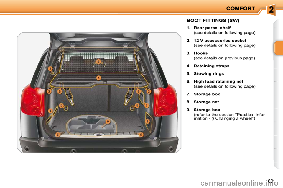 PEUGEOT 207 2010  Owners Manual 63
�B�O�O�T� �F�I�T�T�I�N�G�S� �(�S�W�)� 
   
1.     �R�e�a�r� �p�a�r�c�e�l� �s�h�e�l�f    
  (see details on following page)  
  
2.     12 V accessories socket    
  (see details on following page) 