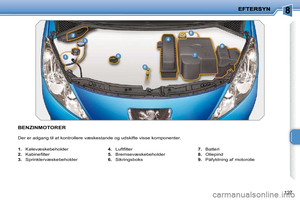 PEUGEOT 207 2010  Brugsanvisning (in Danish) 127
BENZINMOTORER 
 Der er adgang til at kontrollere væskestande og udskifte visse komponenter. 
   
1.    Kølevæskebeholder 
  
2. � �  �K�a�b�i�n�e�ﬁ� �l�t�e�r� 
  
3.    Sprinklervæskebeholde