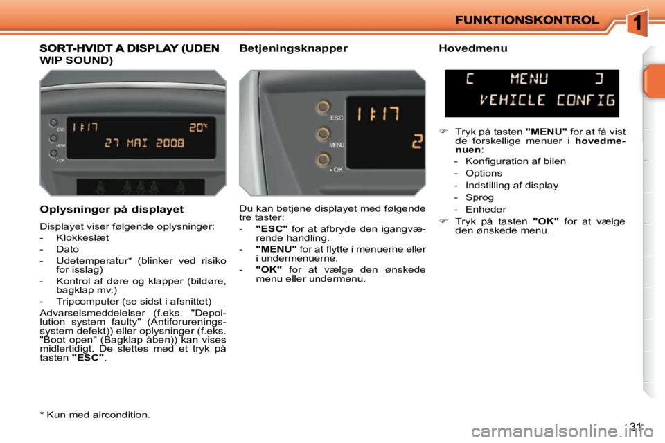 PEUGEOT 207 2010  Brugsanvisning (in Danish) 31
  Oplysninger på displayet  
 Displayet viser følgende oplysninger:  
   -   Klokkeslæt 
  -   Dato 
  -   Udetemperatur *   (blinker  ved  risiko for isslag) 
  -   Kontrol  af  døre  og  klap
