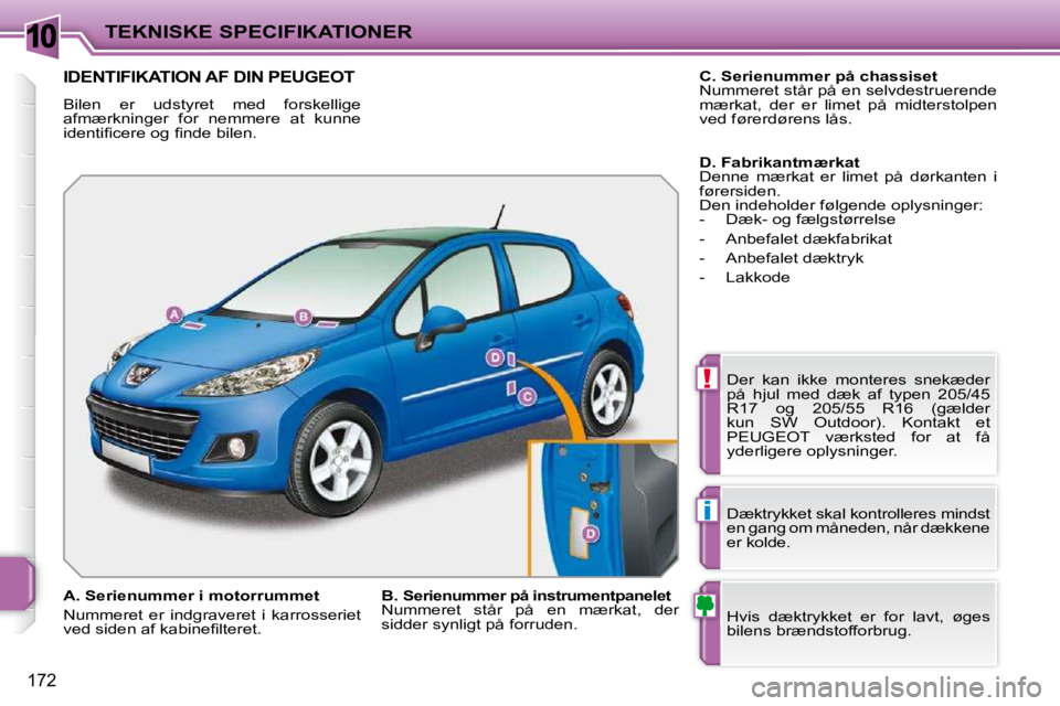 PEUGEOT 207 2010  Brugsanvisning (in Danish) 10
!
i
172
TEKNISKE SPECIFIKATIONER
IDENTIFIKATION AF DIN PEUGEOT 
 Bilen  er  udstyret  med  forskellige  
afmærkninger  for  nemmere  at  kunne 
�i�d�e�n�t�i�ﬁ� �c�e�r�e� �o�g� �ﬁ� �n�d�e� �b�i