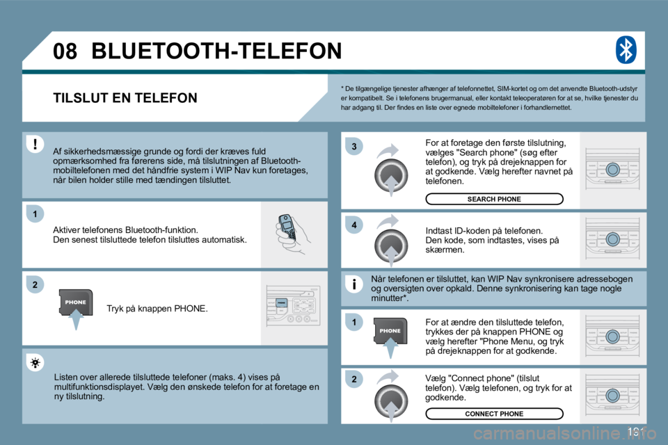 PEUGEOT 207 2010  Brugsanvisning (in Danish) 191
�0�8
�1
�2
�3
�2
�1
�4
  *   De tilgængelige tjenester afhænger af telefon
nettet, SIM-kortet og om det anvendte Bluetooth-uds tyr er kompatibelt. Se i telefonens brugermanual, eller kontakt tel