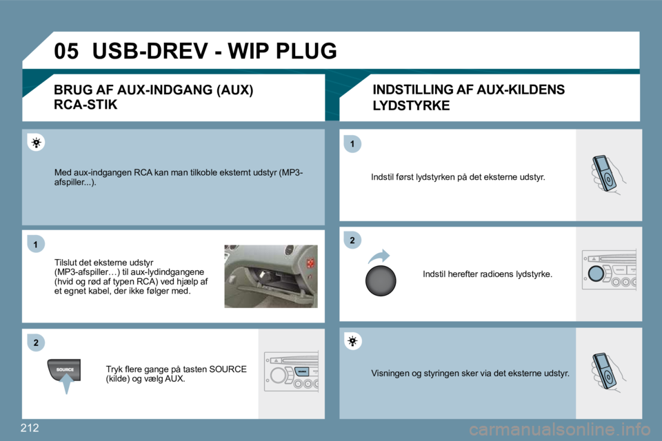 PEUGEOT 207 2010  Brugsanvisning (in Danish) �2�1�2
�0�5
�1�1
�2�2
�2�2
�1�1
� �V�i�s�n�i�n�g�e�n� �o�g� �s�t�y�r�i�n�g�e�n� �s�k�e�r� �v�i�a� �d�e�t� �e�k�s�t�e�r�n�e� �u�d�s�t�y�r�.� 
� �I�n�d�s�t�i�l� �f�ø�r�s�t� �l�y�d�s�t�y�r�k�e�n� �p�å�
