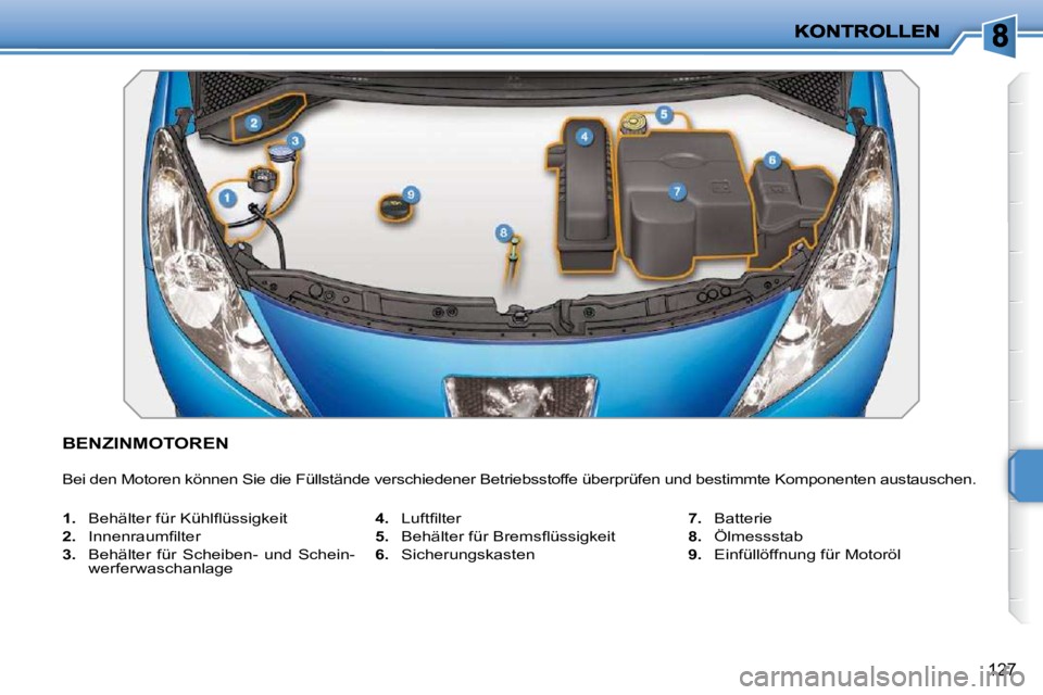 PEUGEOT 207 2010  Betriebsanleitungen (in German) 127
BENZINMOTOREN 
 Bei den Motoren können Sie die Füllstände verschiedener Betriebsstoffe überprüfen und bestimmte Kompo nenten austauschen. 
   
1. � �  �B�e�h�ä�l�t�e�r� �f�ü�r� �K�ü�h�l�