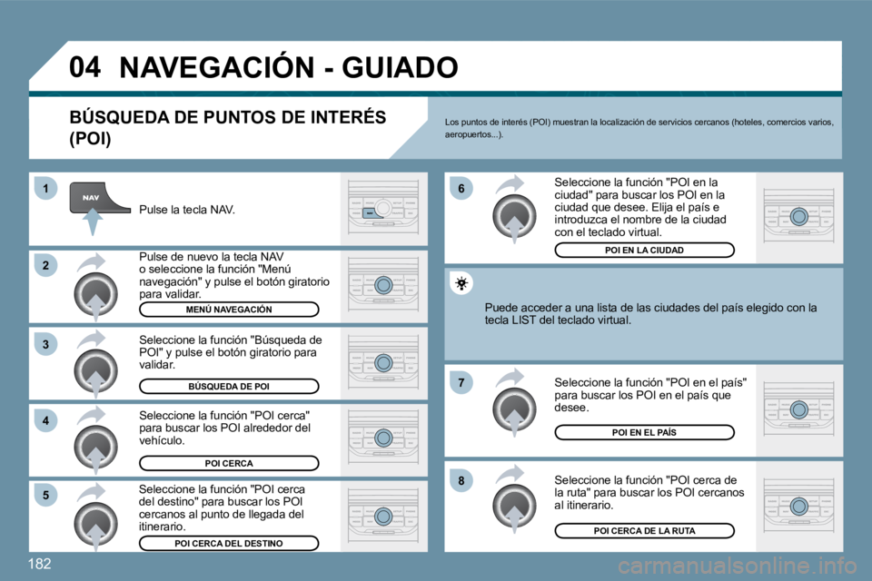 PEUGEOT 207 2010  Manual del propietario (in Spanish) 182
�0�4
�8
�6 
�7
�4
�3
�5
�2
�1
� �N�A�V�E�G�A�C�I�Ó�N� �-� �G�U�I�A�D�O� 
� � �B�Ú�S�Q�U�E�D�A� �D�E� �P�U�N�T�O�S� �D�E� �I�N�T�E�R�É�S� 
�(�P�O�I�)� 
  Pulse la tecla NAV.  
  Pulse de nuevo l