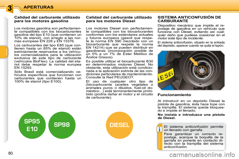 PEUGEOT 207 2010 Manual del propietario (in Spanish) i
DIESEL
APERTURAS
80
Calidad del carburante utilizado
para los motores gasolina Calidad del carburante utilizado
para los motores Diesel
Los motores gasolina son perfect PEUGEOT 207 2010 Manual del propietario (in Spanish) i
DIESEL
APERTURAS
80
Calidad del carburante utilizado
para los motores gasolina Calidad del carburante utilizado
para los motores Diesel
Los motores gasolina son perfect