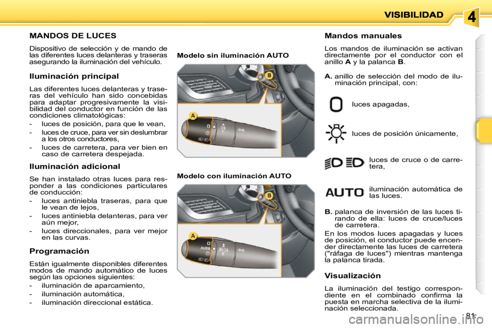 PEUGEOT 207 2010 Manual del propietario (in Spanish) 81
MANDOS DE LUCES
Dispositivo de selección y de mando de
las diferentes luces delanteras y traseras
asegurando la iluminación del vehículo. Mandos manuales
Los mandos de ilumina PEUGEOT 207 2010 Manual del propietario (in Spanish) 81
MANDOS DE LUCES
Dispositivo de selección y de mando de
las diferentes luces delanteras y traseras
asegurando la iluminación del vehículo. Mandos manuales
Los mandos de ilumina